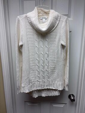 White House Black Market Cream Cowl Neck Cable Knit Sweater M High Low Hem